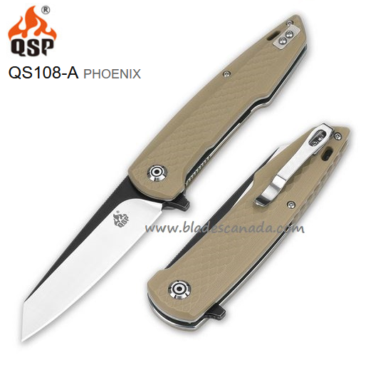 QSP Pheonix Flipper Folding Knife, D2 Black, G10 Sand, QS108-A